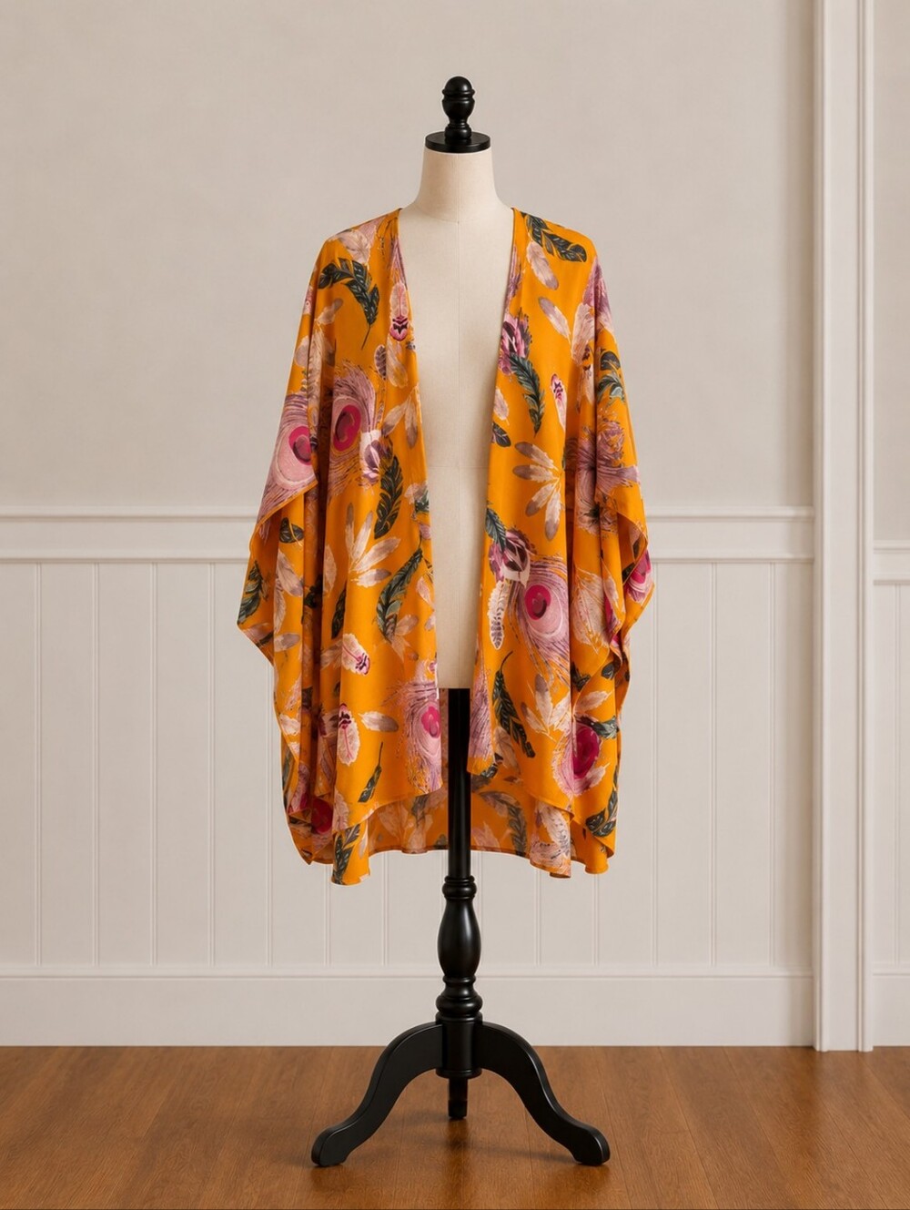I Joah Premium Mustard Feather Print Kimono